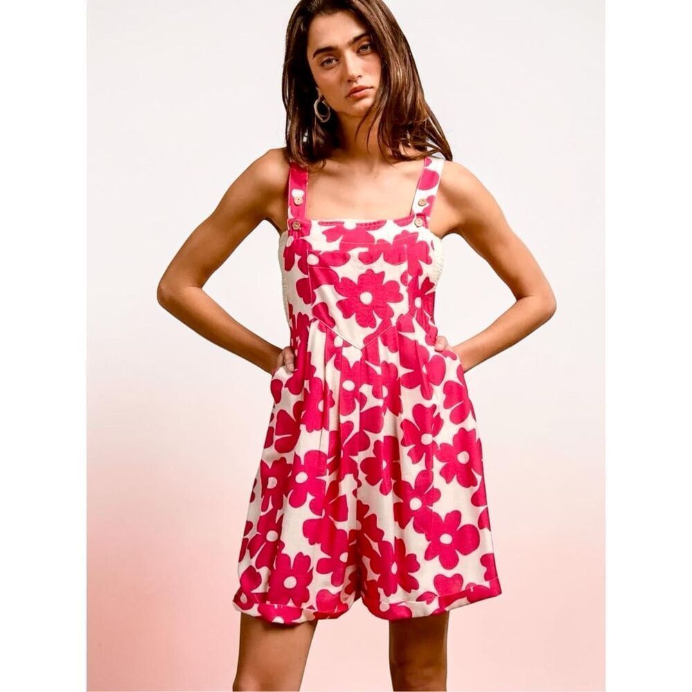 Bibi Floral Romper Pink Summer Boho Romper Pocket Short Overall Shortalls NEW - Picture 4 of 13